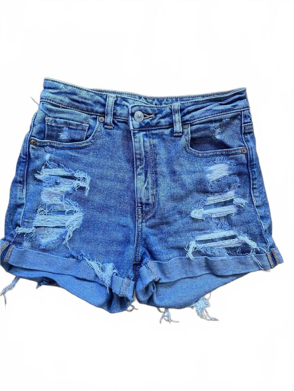American Eagle Distressed Denim Shorts Size 2 Blue Cuffed Stretch Festival Y2K
